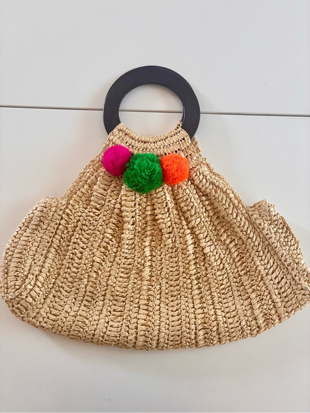 Round Thin Wooden Handle Straw Tote with Colorful Pom Poms 💯 Paper 💯 Poly Lining